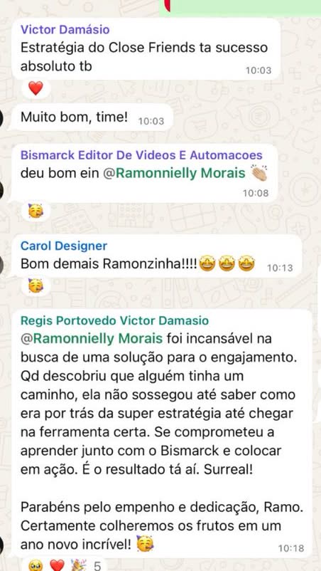 Mensagem de Regis Portovedo, do time de Victor Damásio, sobre o trabalho de Ramonnielly
